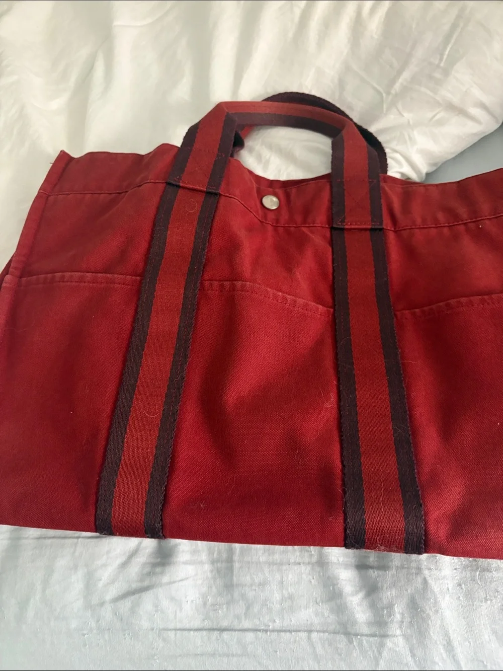 Hermes Red Canvas Tote Bag with Black Stripe Handles